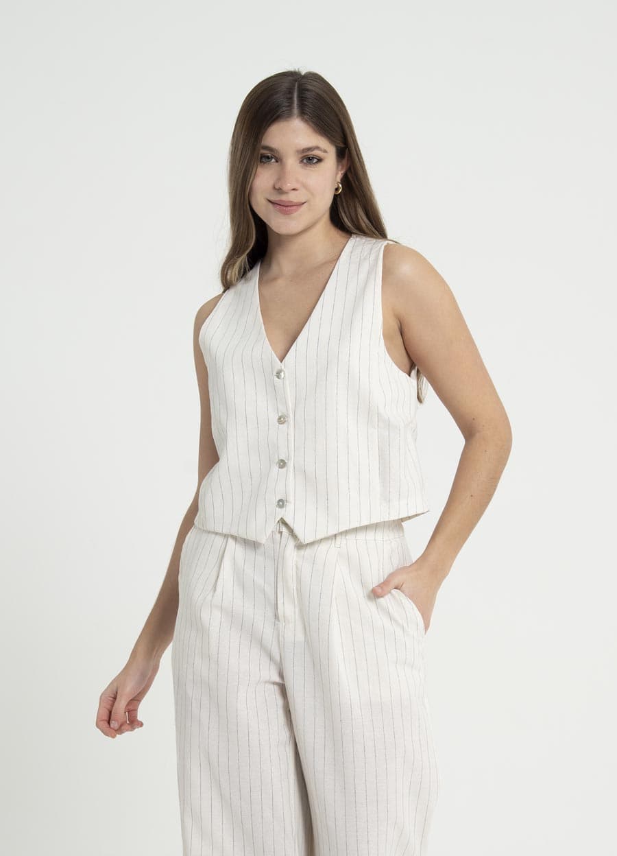 Chaleco lino rayado con boton