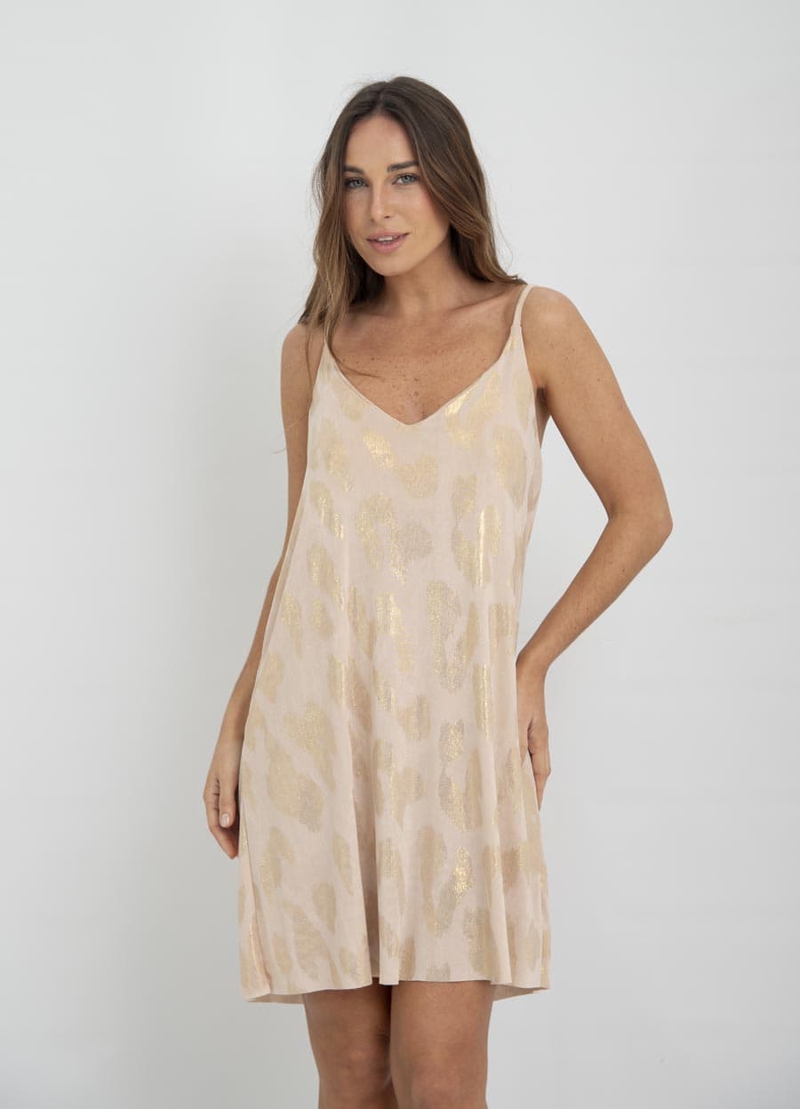 Vestido corto bretel fino print metalizado