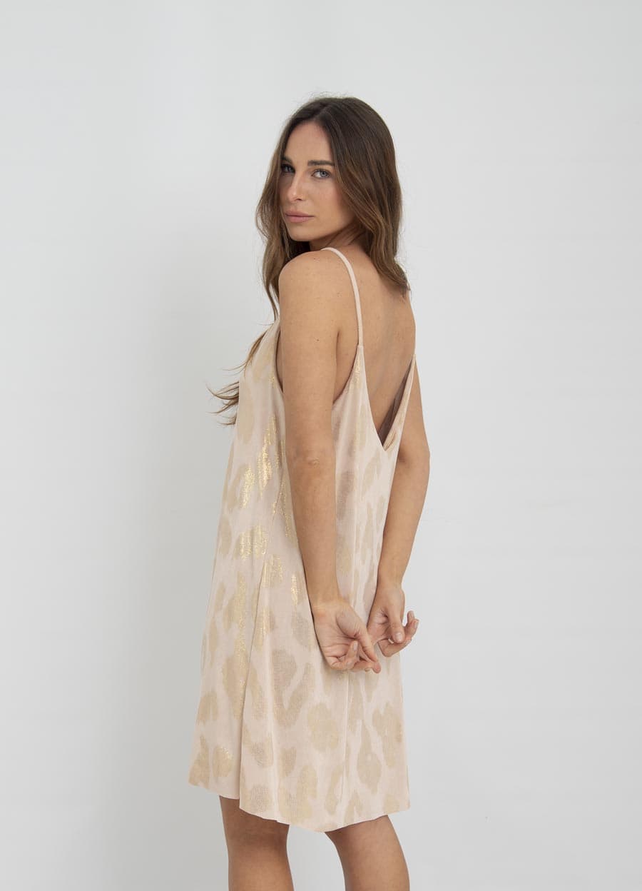 Vestido corto bretel fino print metalizado
