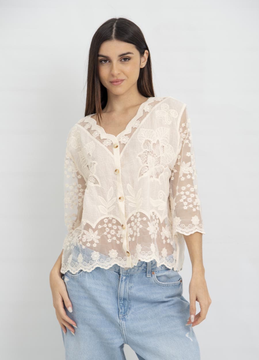 Blusa bordada tul con cartera