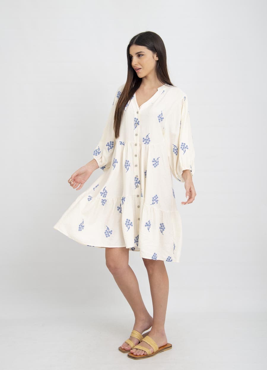 Vestido corto manga bombe bordado