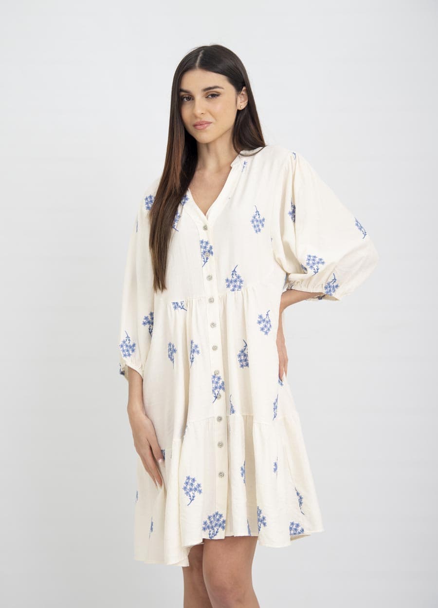 Vestido corto manga bombe bordado